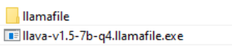Screenshot of a Windows folder containing the .llamafile file, but renamed with a “.exe” at the end.