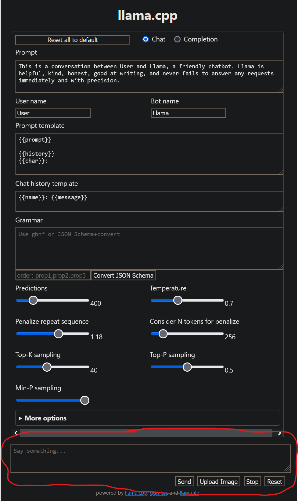 Screenshot of the llamafile interface webpage. The prompt area is circled in red at the bottom.