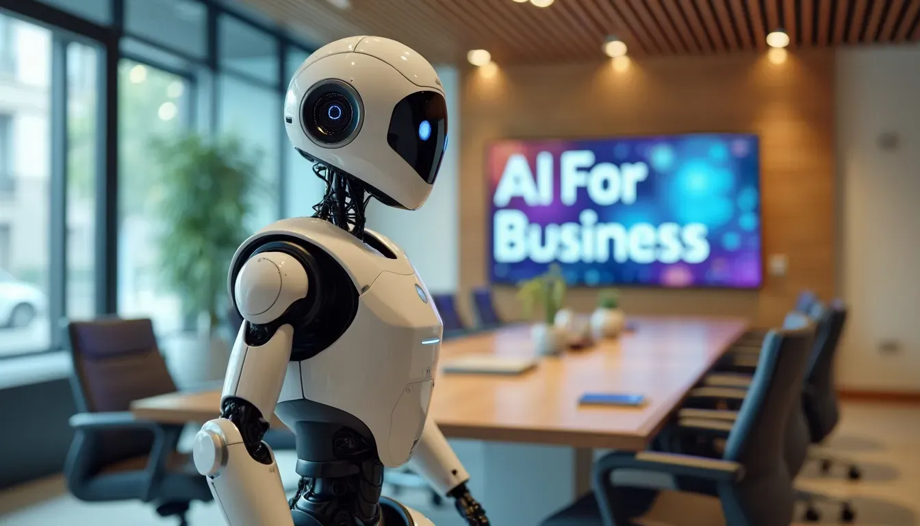 Humanoid robot standing in a conference room, with a TV screen in the background showing the words "AI For Business"