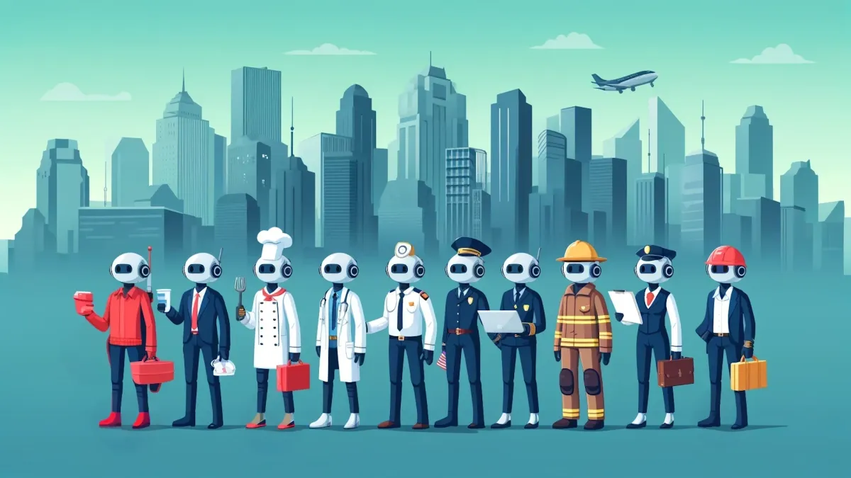 Graphic of several humanoid robots dressed in clothes representing a range of professions, standing in front of a cityscape backdrop.