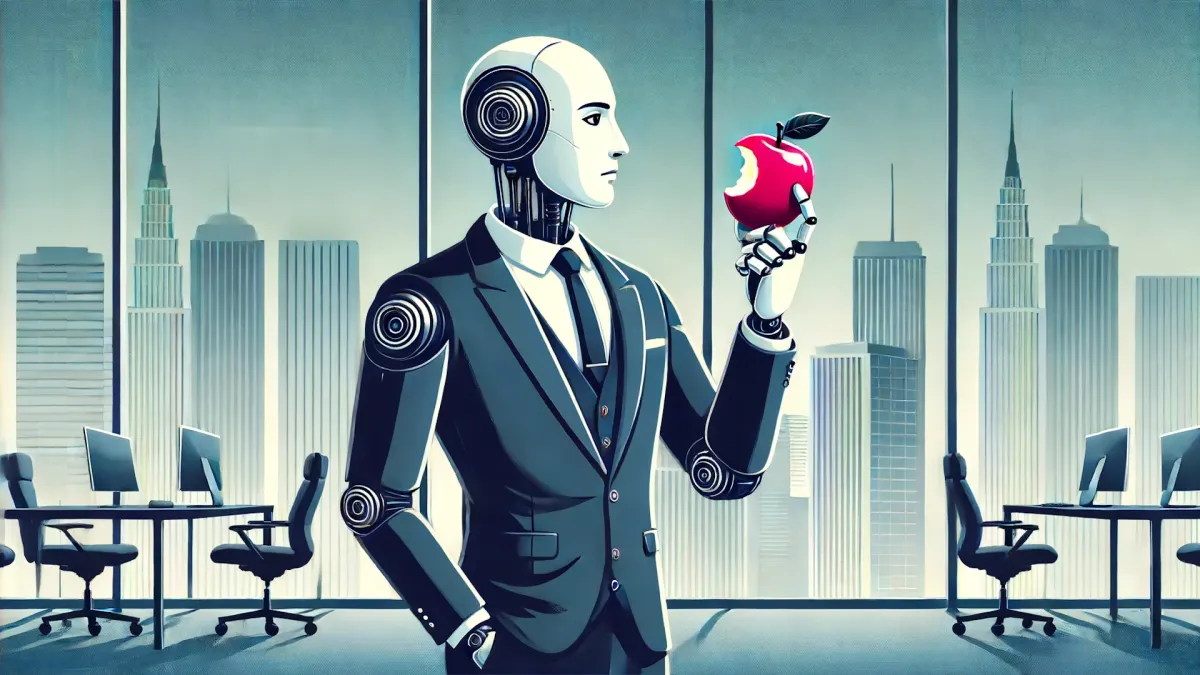 A humanoid robot in a business suit stands in an office in a high rise building, contemplating a red apple with a bite missing, reminiscent of the Apple logo.