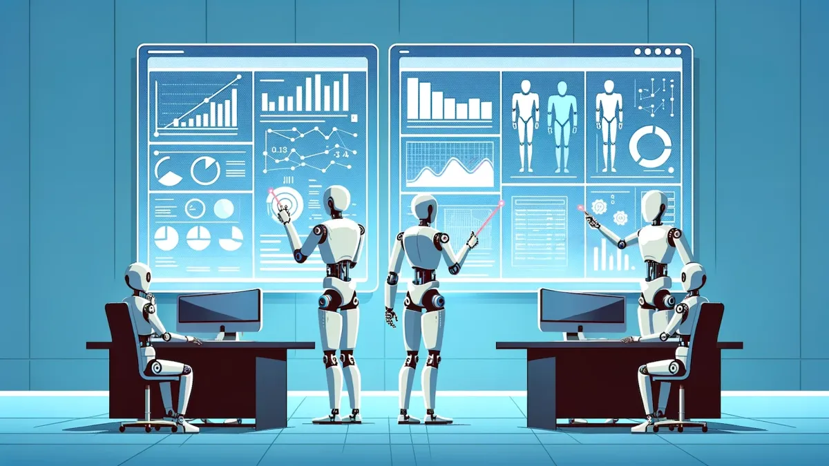 Graphic of several white humanoid robots standing in a room, pointing at graphics on two large video screens.
