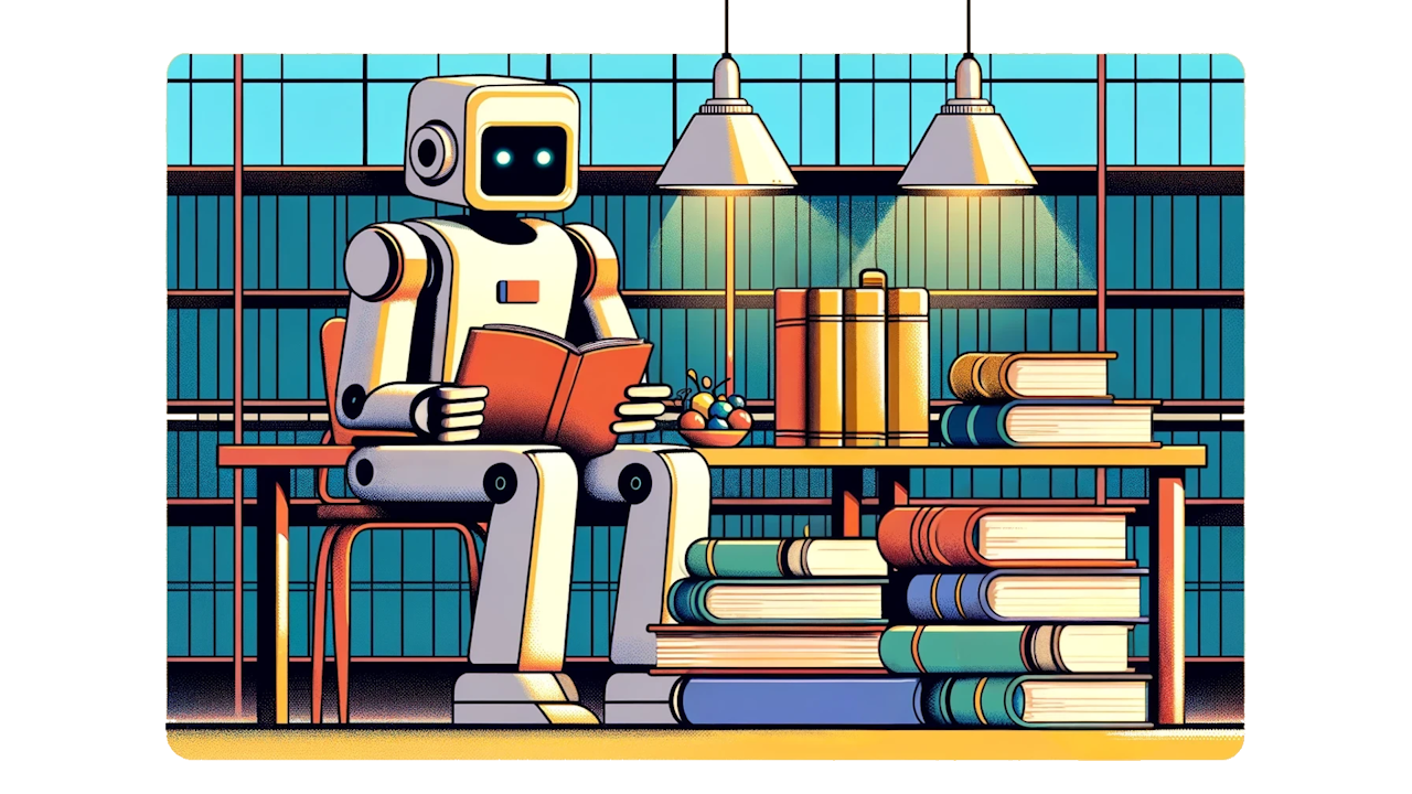 Graphic of a white humanoid robot sitting in a library, reading a book next to multiple stacks of books.
