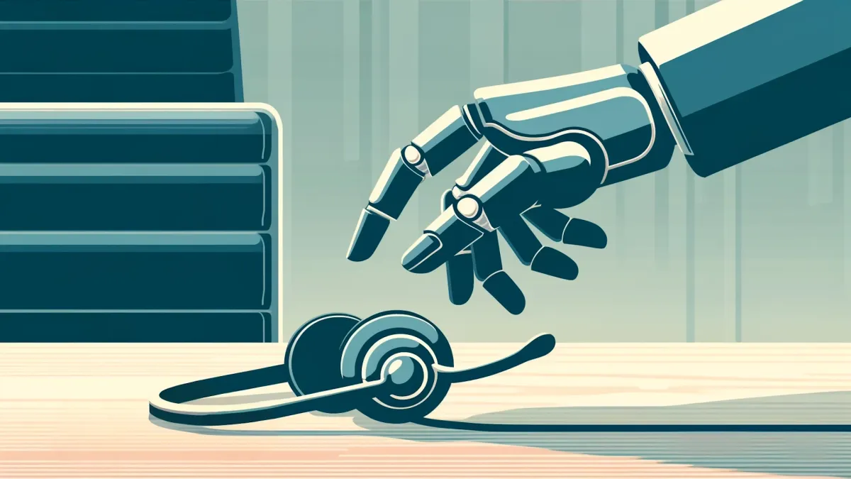 Graphic of a humanoid robot hand reaching down to pick up a headset.