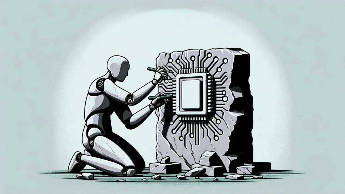 Graphic of a humanoid robot chiselling a microchip out of a large piece of stone.