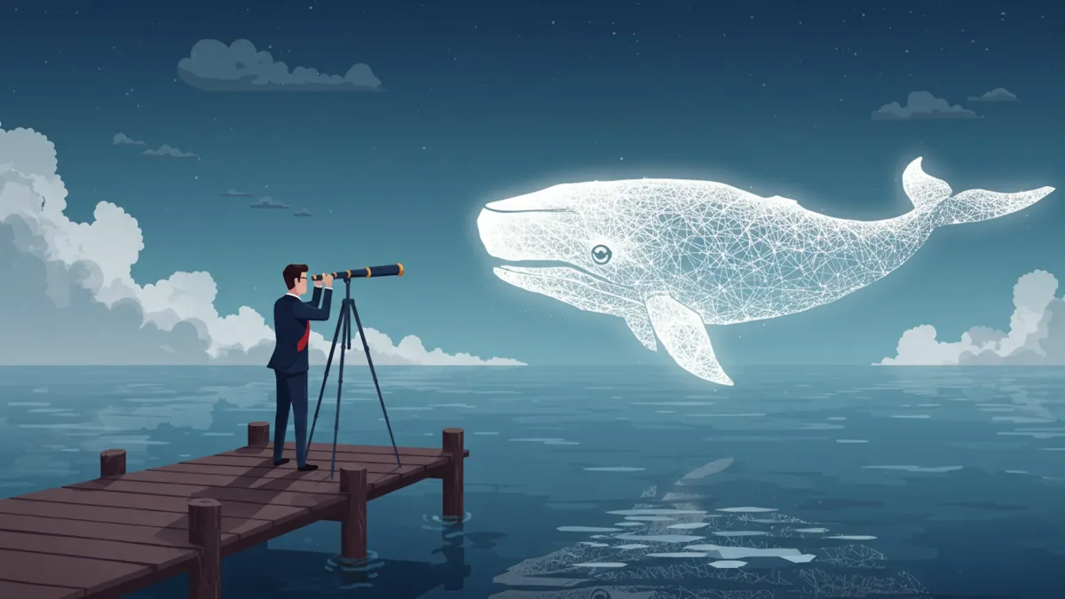 Graphic of a businessman standing at the end of a dock, looking through a telescope at a star whale in the night sky.