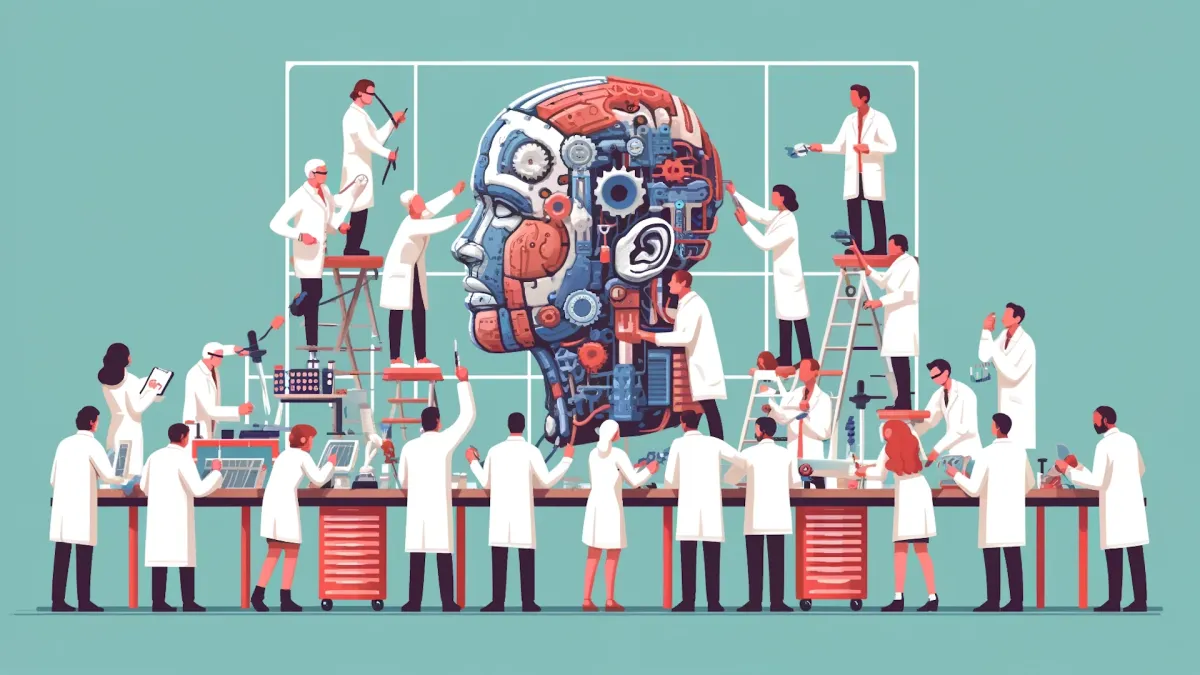 A graphic showing an array of people in white coats building a giant mechanical head with a variety of tools.