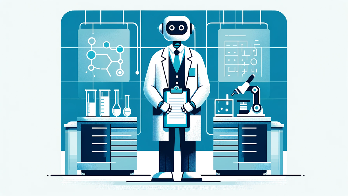 AI-generated image of a robot in a lab coat in a bio lab, holding a clipboard.