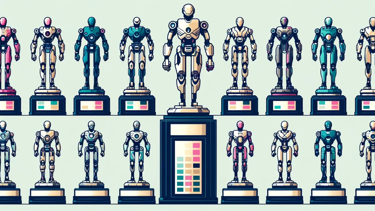 Graphic of a series of trophies featuring different robots, with one giant robot trophy featured prominently in the center.