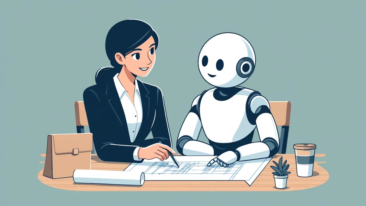 Graphic of a businesswoman and a white humanoid robot sitting at a table together, smiling at each other while they point to a blueprint.