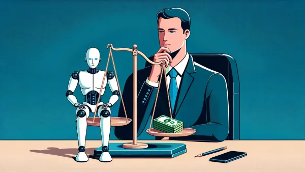Graphic of a businessman sitting at a desk, examining a scale where a humanoid robot is sitting on one pan, while a stack of cash is sitting on the other.