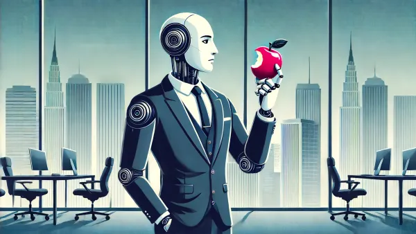 A humanoid robot in a business suit stands in an office in a high rise building, contemplating a red apple with a bite missing, reminiscent of the Apple logo.