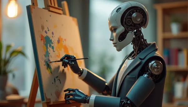 Photorealistic image of a humanoid robot in a suit painting at an easel.