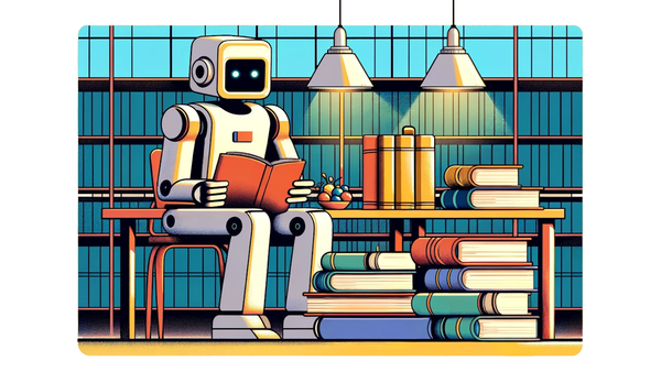 Graphic of a white humanoid robot sitting in a library, reading a book next to multiple stacks of books.