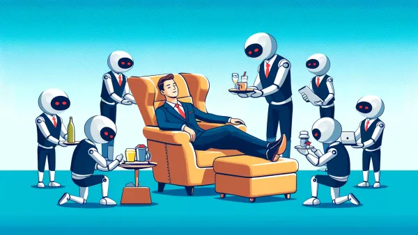 Graphic of a businessman lounging in a leather chair, with 7 dressed-up humanoid robots surrounding him, offering him various things.