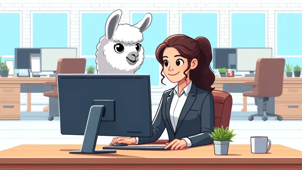 Graphic of a business woman sitting at a desk looking at her computer, with a fluffy white llama looking over her shoulder.
