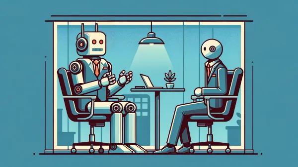 Graphic of two humanoid robots in business suits talking while seated, as if at an interview.