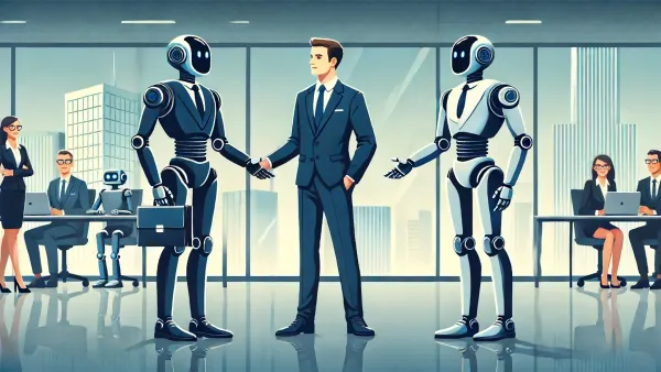 A businessman stands in an office in a high rise office building, flanked by humanoid robots in business suits, shaking their hands.
