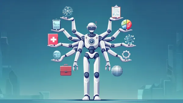 Graphic of a white robot with many arms like an holding an array of items like a globe, a gear, a book, a clipboard, and more.