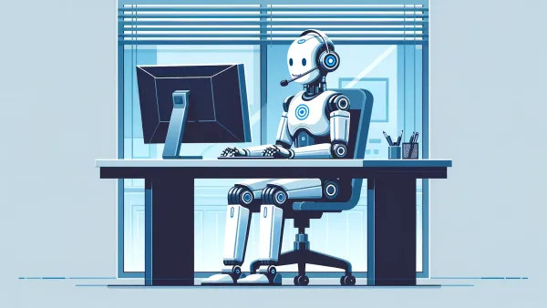 Graphic of a white robot sitting at a desk wearing a headset and typing at a computer.