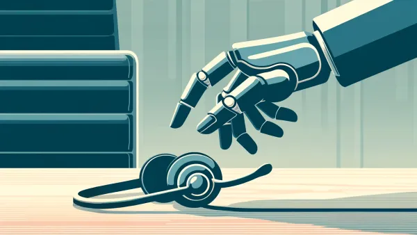 Graphic of a humanoid robot hand reaching down to pick up a headset.