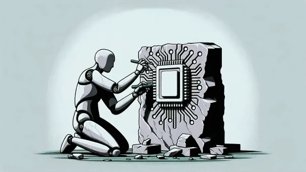Graphic of a humanoid robot chiselling a microchip out of a large piece of stone.
