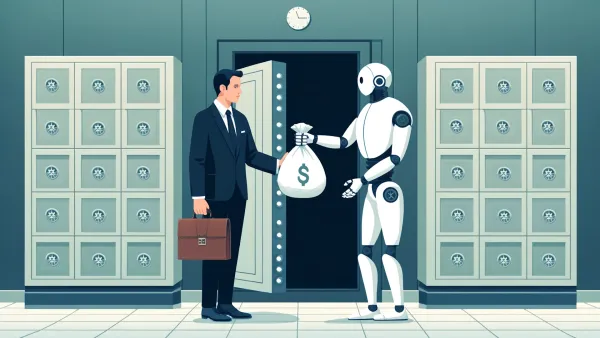 Graphic of a white humanoid robot handing a businessman a giant bag of money from a bank vault.