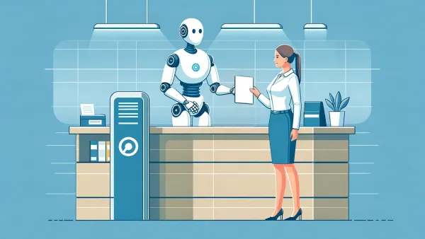 Graphic of a white robot standing behind a customer service desk, handing a sheet of paper to businesswoman.