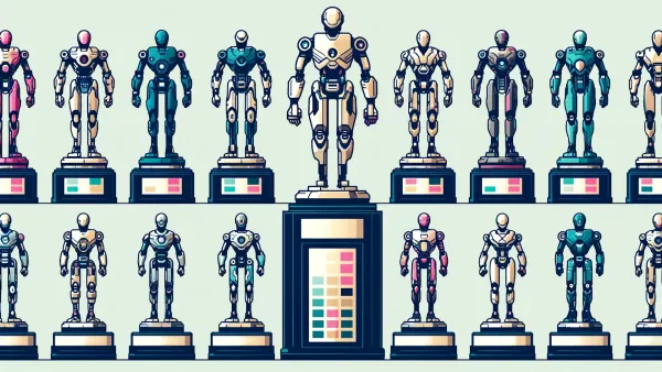 Graphic of a series of trophies featuring different robots, with one giant robot trophy featured prominently in the center.