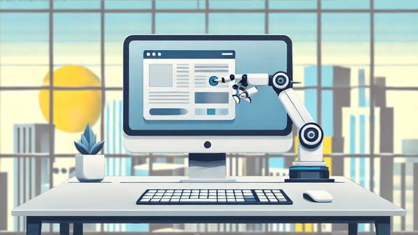 Graphic of a computer in a high rise office, showing a robotic arm pressing directly on the computer screen.